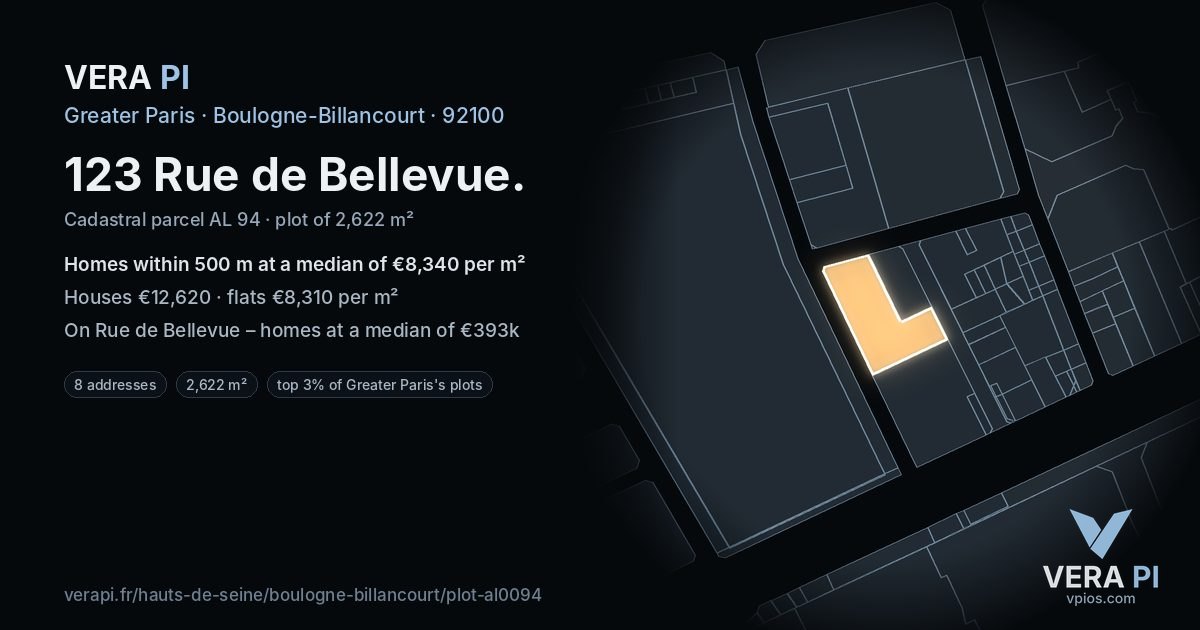 123 Rue de Bellevue, Boulogne-Billancourt at night – the plot lit, the parcels around coloured by the prices near them