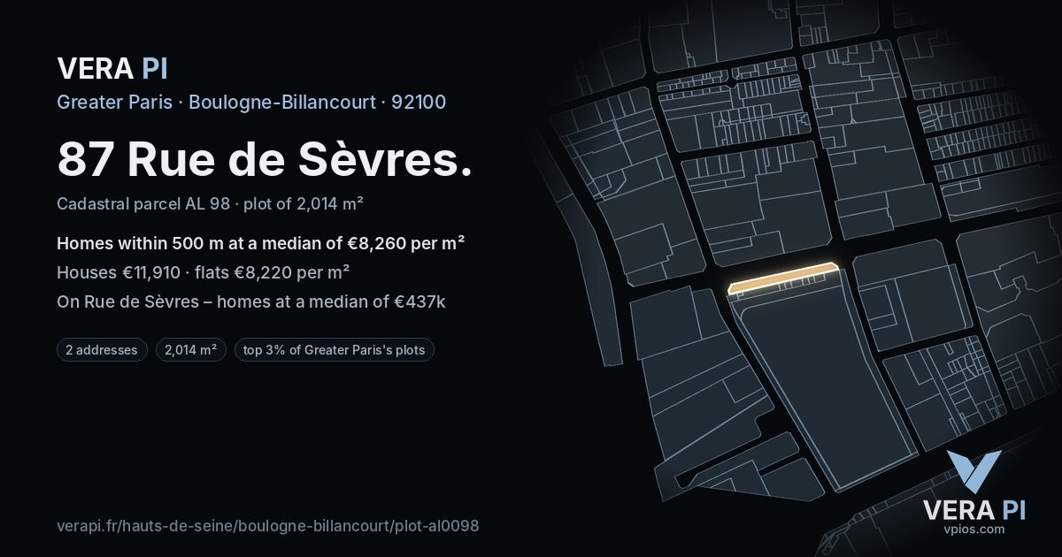 87 Rue de Sèvres, Boulogne-Billancourt at night – the plot lit, the parcels around coloured by the prices near them