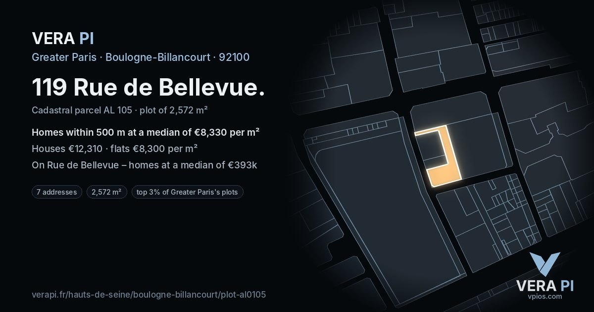 119 Rue de Bellevue, Boulogne-Billancourt at night – the plot lit, the parcels around coloured by the prices near them