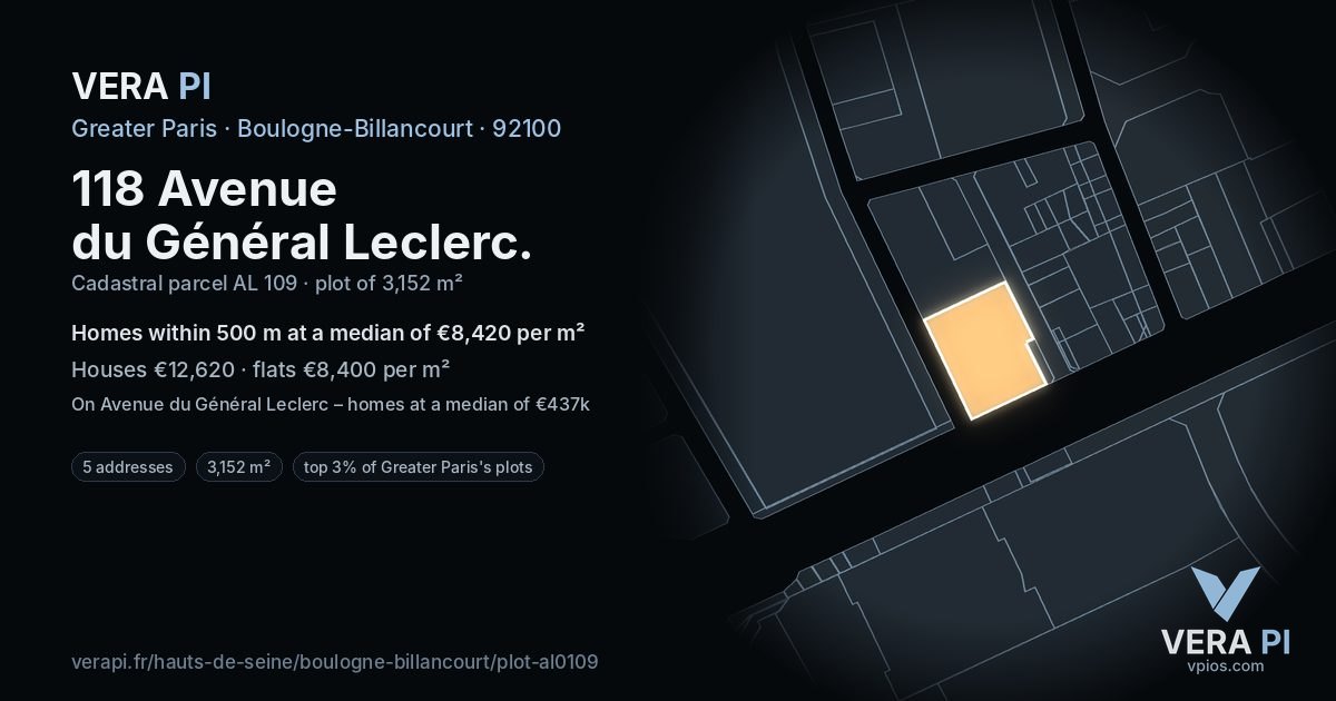 118 Avenue du Général Leclerc, Boulogne-Billancourt at night – the plot lit, the parcels around coloured by the prices near them