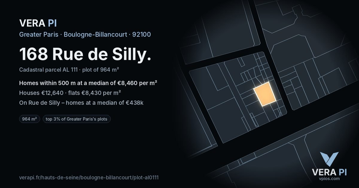 168 Rue de Silly, Boulogne-Billancourt at night – the plot lit, the parcels around coloured by the prices near them