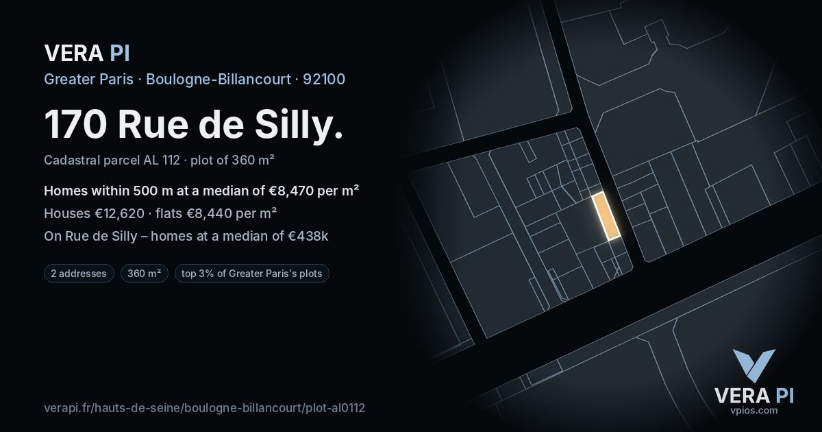 170 Rue de Silly, Boulogne-Billancourt at night – the plot lit, the parcels around coloured by the prices near them