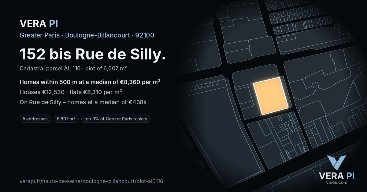 152 bis Rue de Silly, Boulogne-Billancourt at night – the plot lit, the parcels around coloured by the prices near them