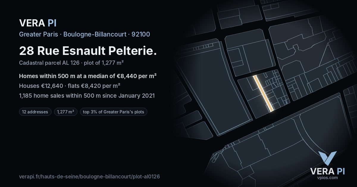 28 Rue Esnault Pelterie, Boulogne-Billancourt at night – the plot lit, the parcels around coloured by the prices near them
