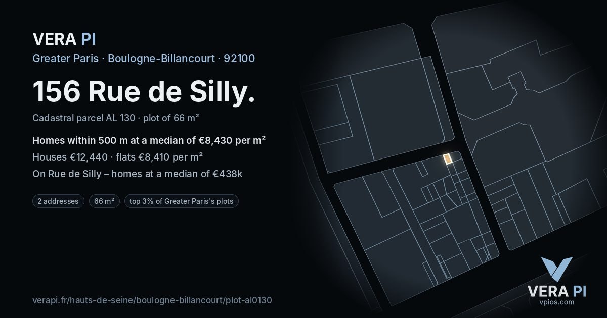 156 Rue de Silly, Boulogne-Billancourt at night – the plot lit, the parcels around coloured by the prices near them