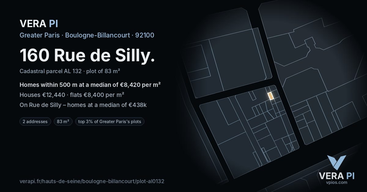 160 Rue de Silly, Boulogne-Billancourt at night – the plot lit, the parcels around coloured by the prices near them