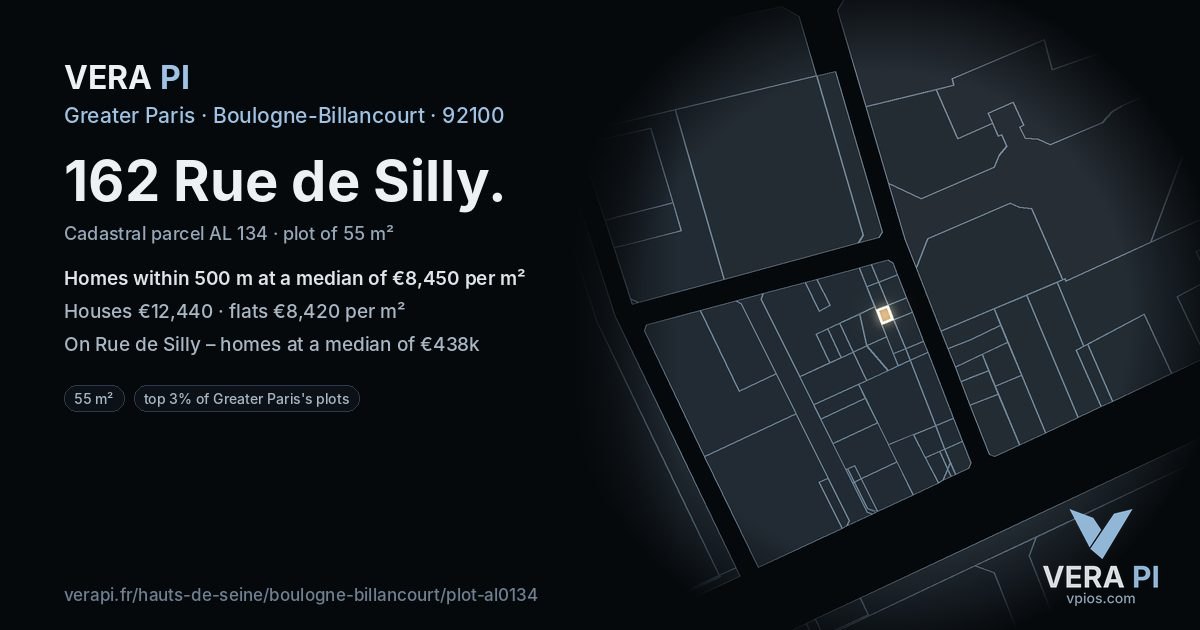 162 Rue de Silly, Boulogne-Billancourt at night – the plot lit, the parcels around coloured by the prices near them