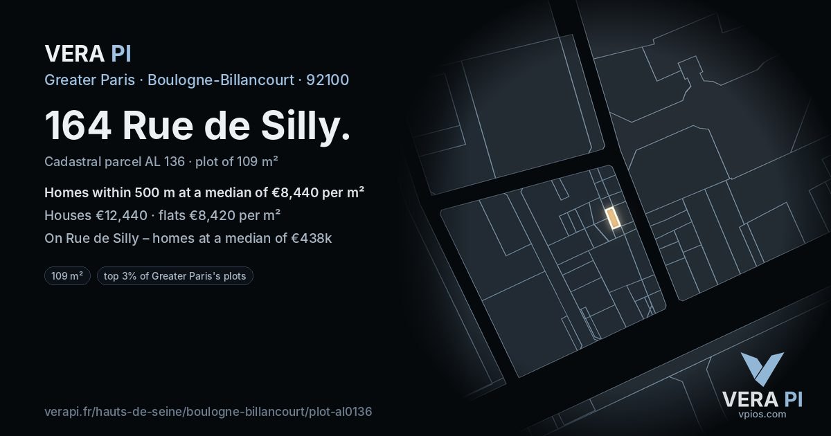 164 Rue de Silly, Boulogne-Billancourt at night – the plot lit, the parcels around coloured by the prices near them