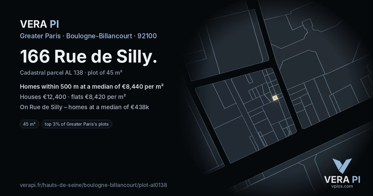 166 Rue de Silly, Boulogne-Billancourt at night – the plot lit, the parcels around coloured by the prices near them