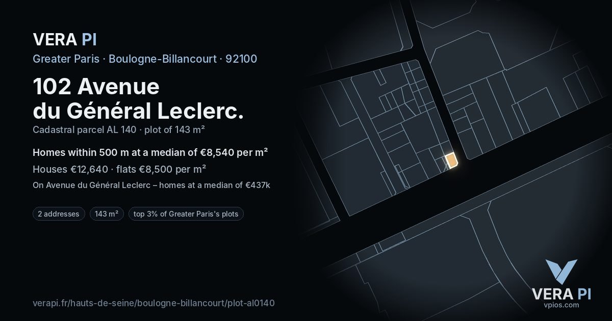 102 Avenue du Général Leclerc, Boulogne-Billancourt at night – the plot lit, the parcels around coloured by the prices near them