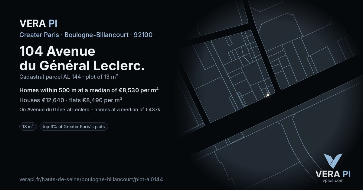 104 Avenue du Général Leclerc, Boulogne-Billancourt at night – the plot lit, the parcels around coloured by the prices near them