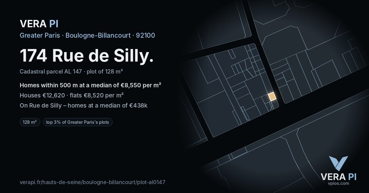 174 Rue de Silly, Boulogne-Billancourt at night – the plot lit, the parcels around coloured by the prices near them