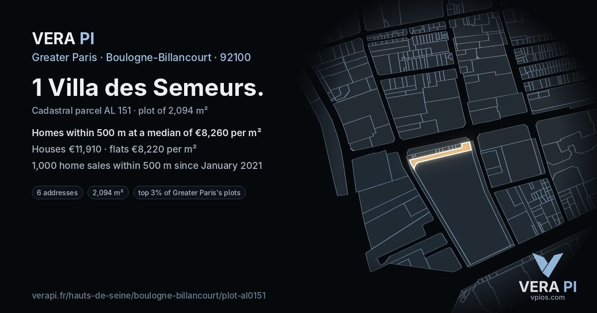 1 Villa des Semeurs, Boulogne-Billancourt at night – the plot lit, the parcels around coloured by the prices near them