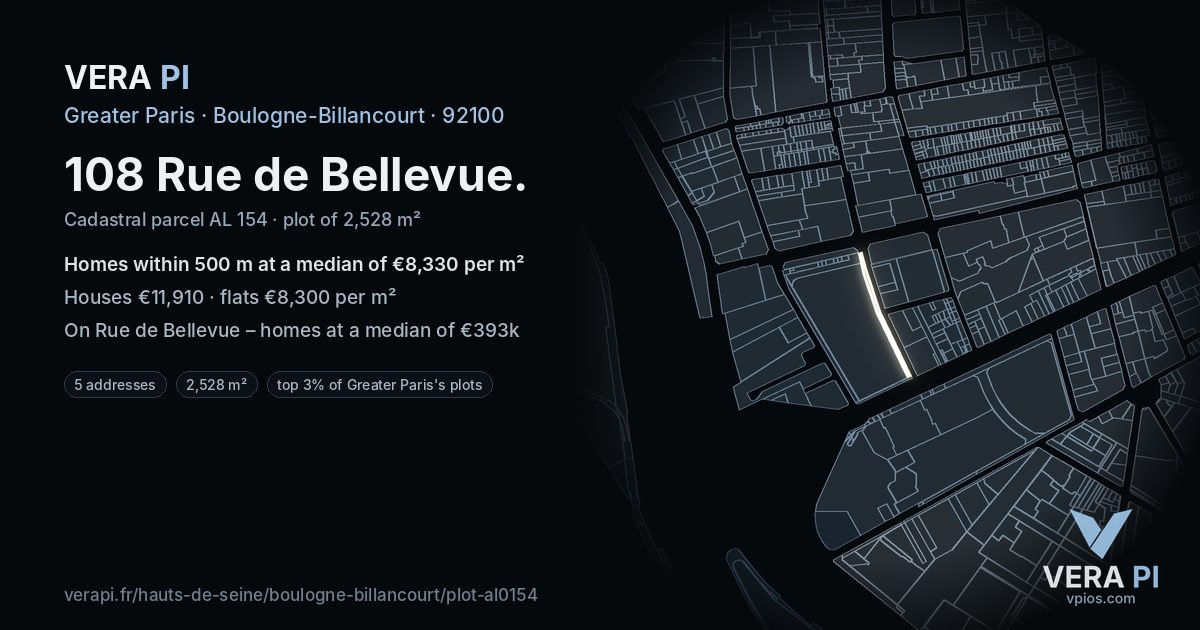 108 Rue de Bellevue, Boulogne-Billancourt at night – the plot lit, the parcels around coloured by the prices near them