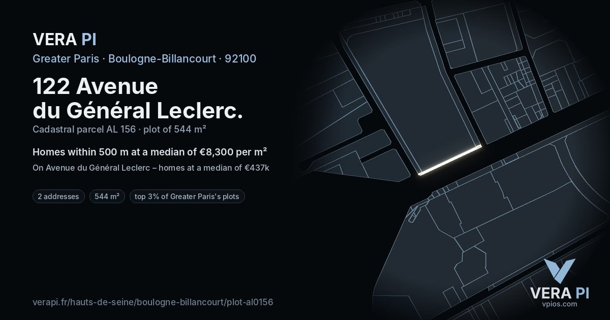 122 Avenue du Général Leclerc, Boulogne-Billancourt at night – the plot lit, the parcels around coloured by the prices near them