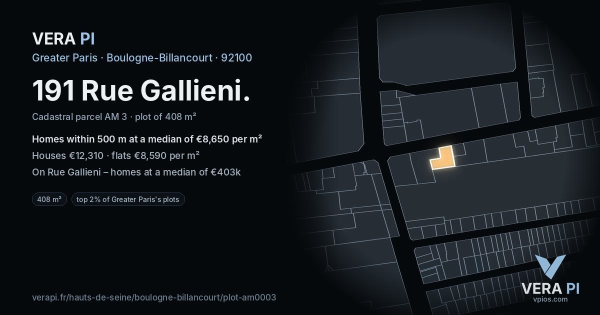 191 Rue Gallieni, Boulogne-Billancourt at night – the plot lit, the parcels around coloured by the prices near them