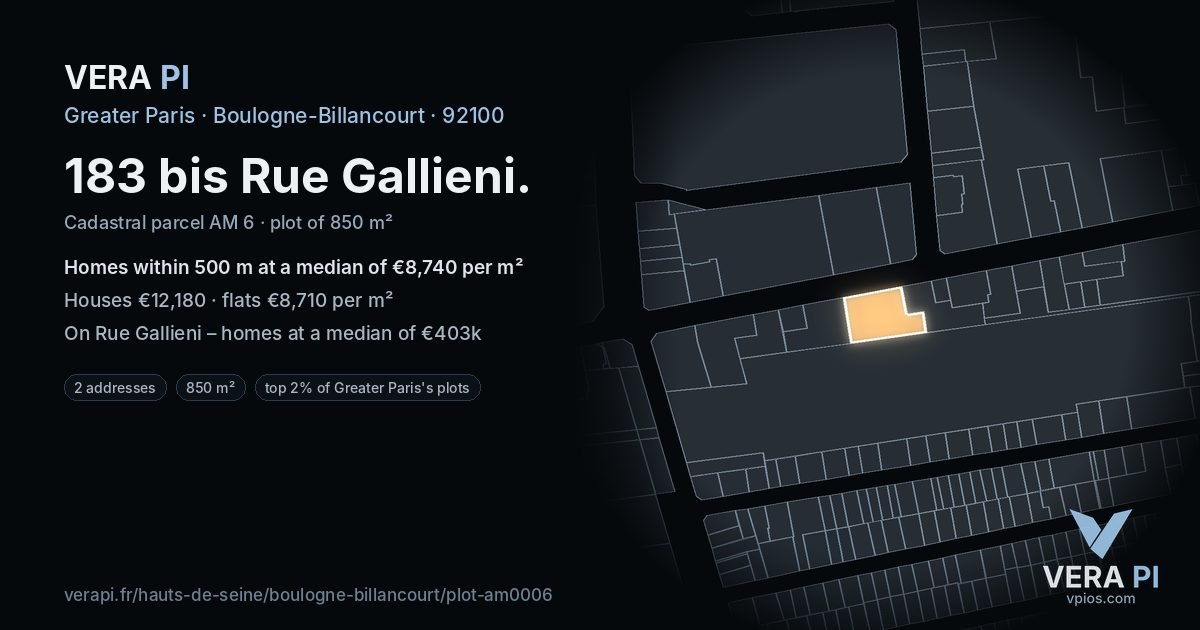 183 bis Rue Gallieni, Boulogne-Billancourt at night – the plot lit, the parcels around coloured by the prices near them