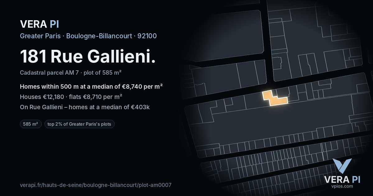 181 Rue Gallieni, Boulogne-Billancourt at night – the plot lit, the parcels around coloured by the prices near them