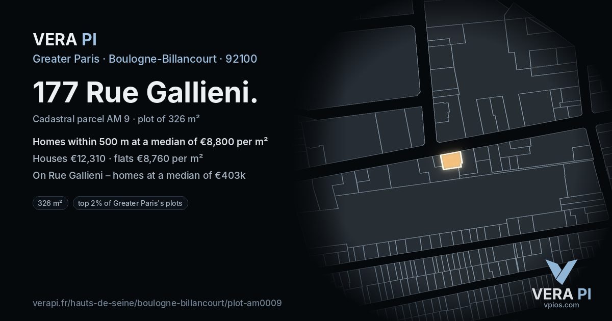 177 Rue Gallieni, Boulogne-Billancourt at night – the plot lit, the parcels around coloured by the prices near them
