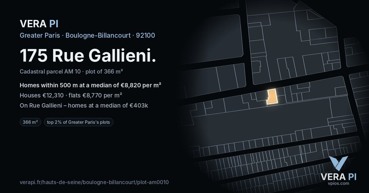 175 Rue Gallieni, Boulogne-Billancourt at night – the plot lit, the parcels around coloured by the prices near them