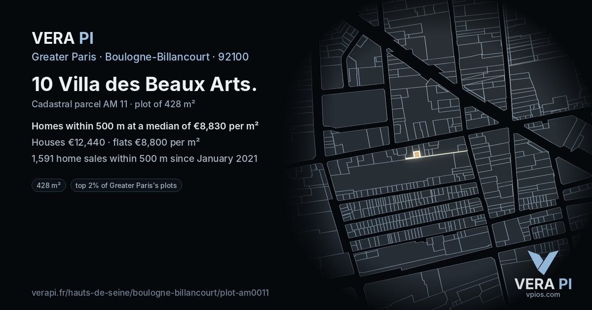 10 Villa des Beaux Arts, Boulogne-Billancourt at night – the plot lit, the parcels around coloured by the prices near them