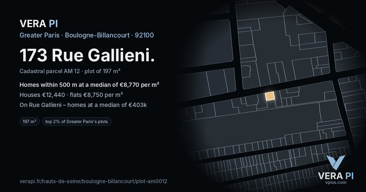 173 Rue Gallieni, Boulogne-Billancourt at night – the plot lit, the parcels around coloured by the prices near them