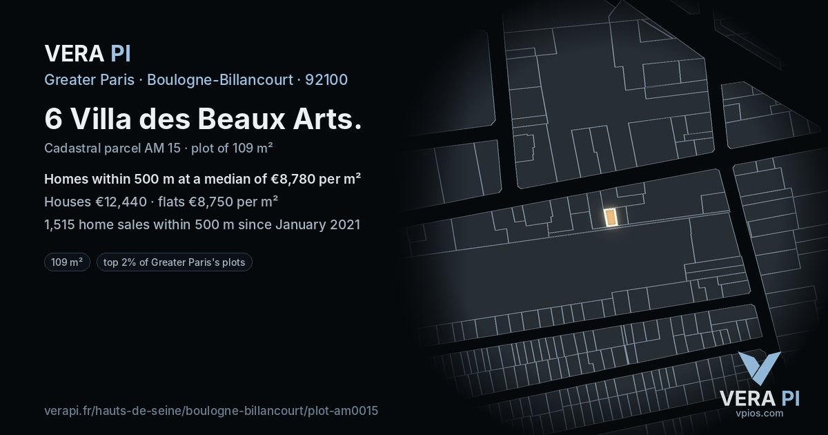 6 Villa des Beaux Arts, Boulogne-Billancourt at night – the plot lit, the parcels around coloured by the prices near them