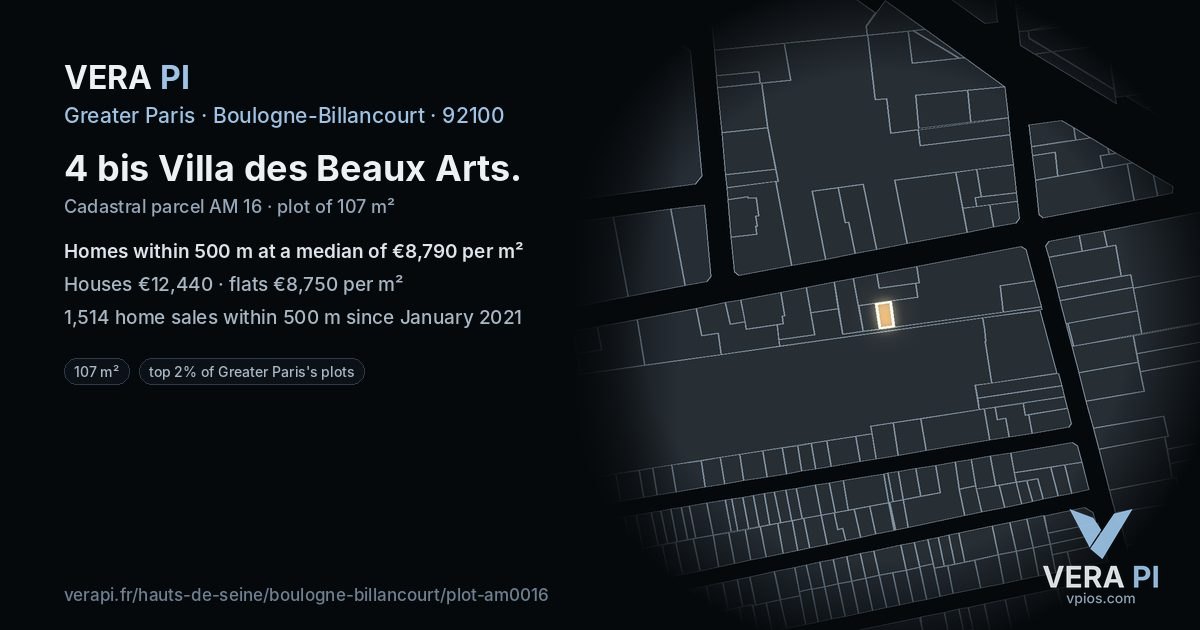 4 bis Villa des Beaux Arts, Boulogne-Billancourt at night – the plot lit, the parcels around coloured by the prices near them