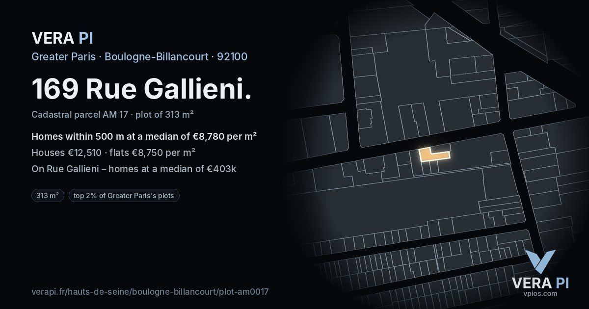 169 Rue Gallieni, Boulogne-Billancourt at night – the plot lit, the parcels around coloured by the prices near them
