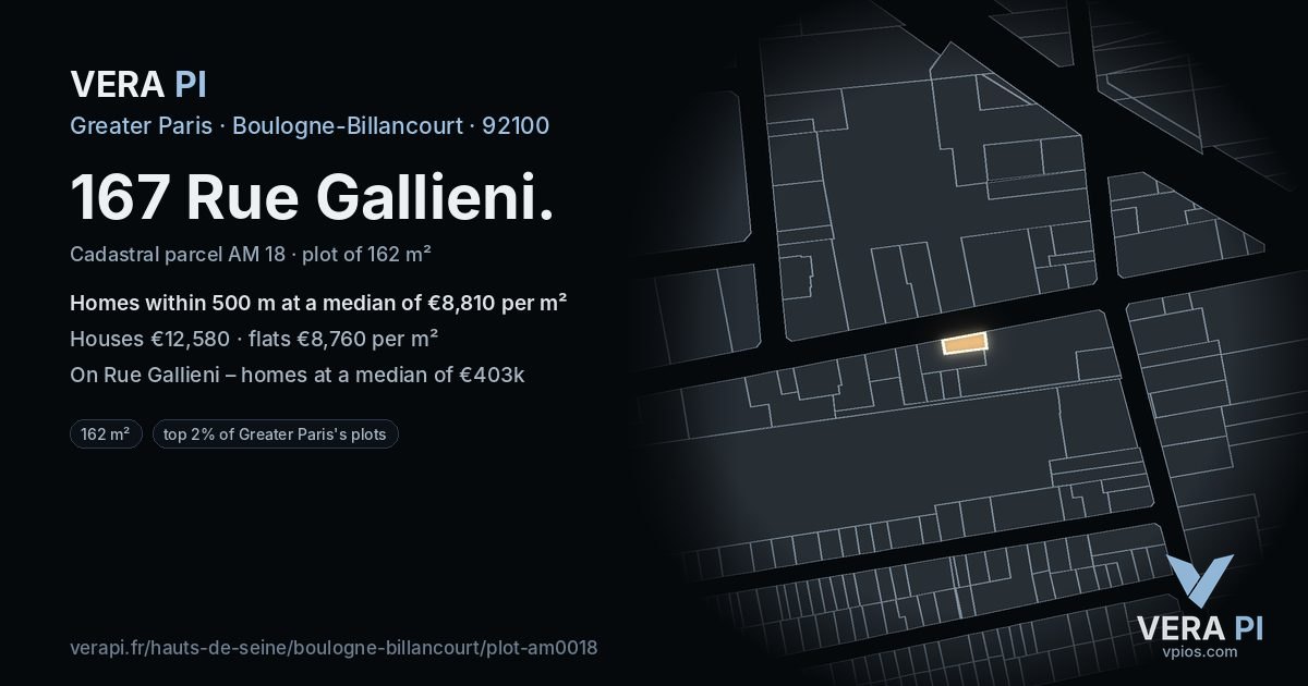 167 Rue Gallieni, Boulogne-Billancourt at night – the plot lit, the parcels around coloured by the prices near them