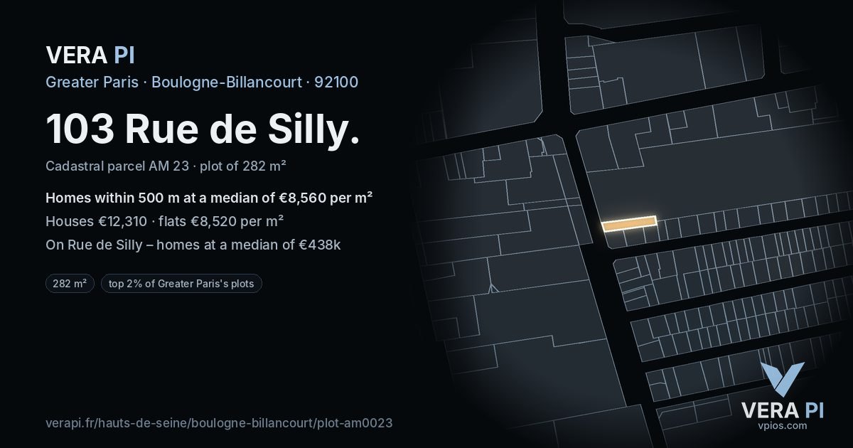 103 Rue de Silly, Boulogne-Billancourt at night – the plot lit, the parcels around coloured by the prices near them