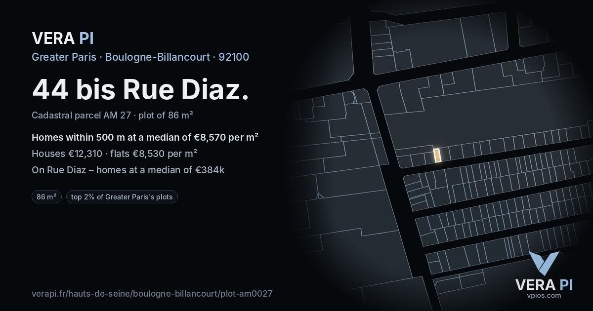 44 bis Rue Diaz, Boulogne-Billancourt at night – the plot lit, the parcels around coloured by the prices near them