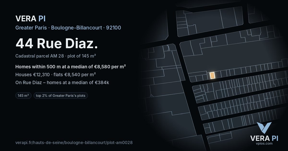 44 Rue Diaz, Boulogne-Billancourt at night – the plot lit, the parcels around coloured by the prices near them