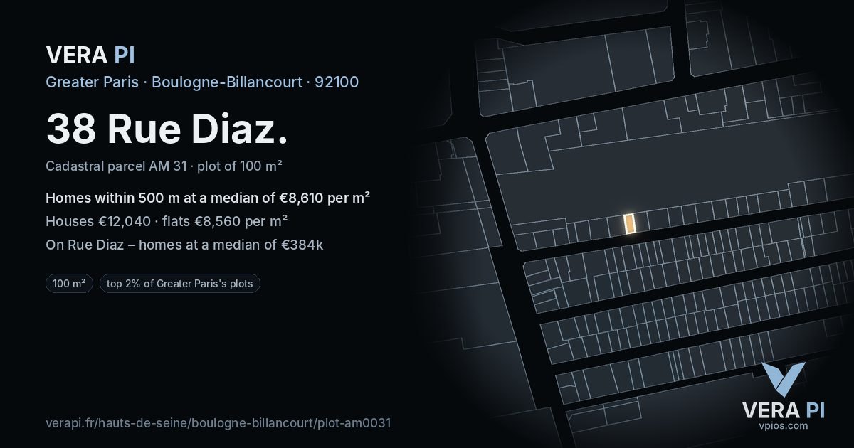 38 Rue Diaz, Boulogne-Billancourt at night – the plot lit, the parcels around coloured by the prices near them