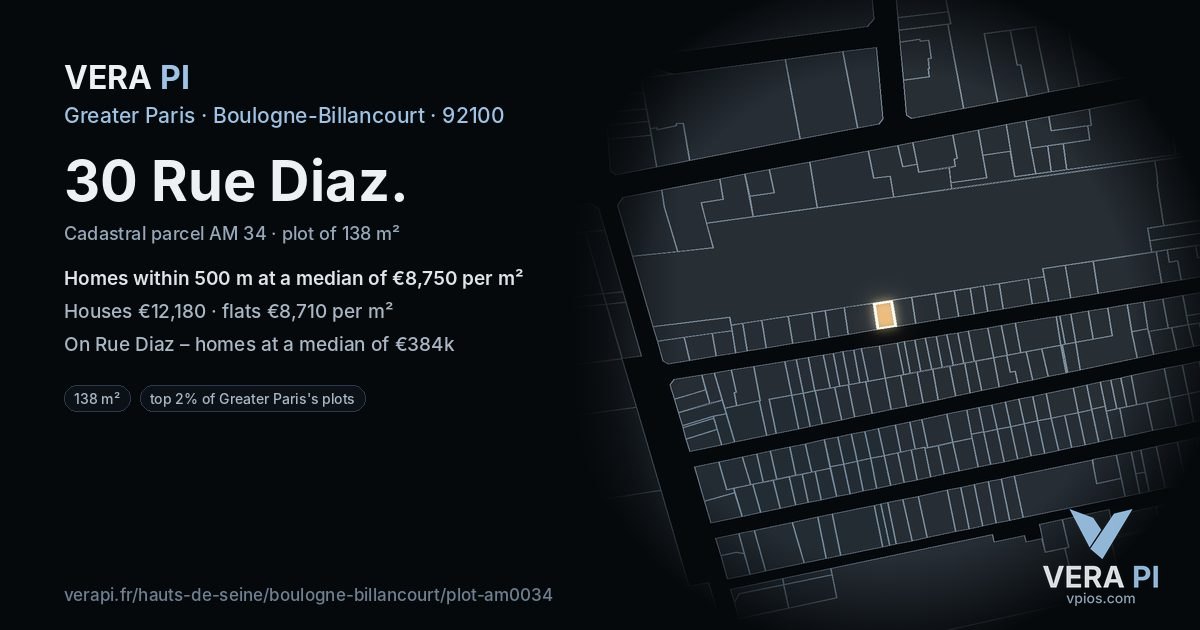 30 Rue Diaz, Boulogne-Billancourt at night – the plot lit, the parcels around coloured by the prices near them