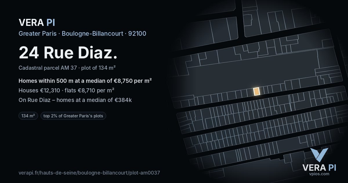 24 Rue Diaz, Boulogne-Billancourt at night – the plot lit, the parcels around coloured by the prices near them