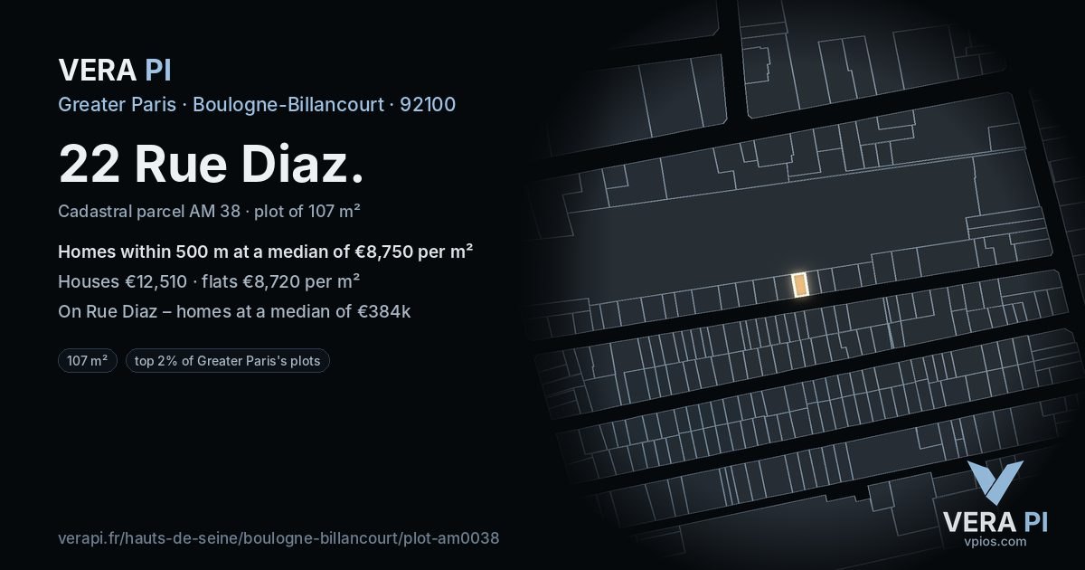22 Rue Diaz, Boulogne-Billancourt at night – the plot lit, the parcels around coloured by the prices near them