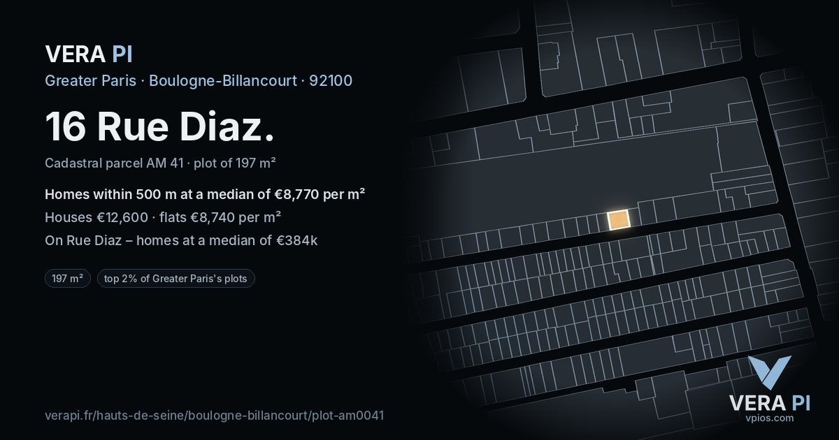 16 Rue Diaz, Boulogne-Billancourt at night – the plot lit, the parcels around coloured by the prices near them