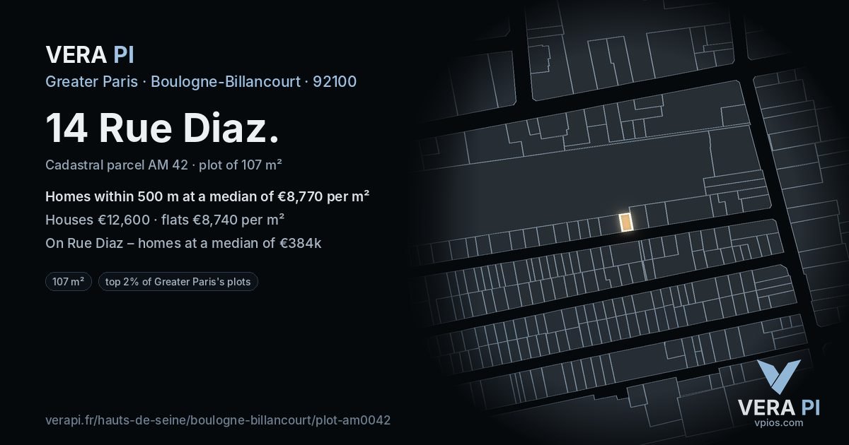 14 Rue Diaz, Boulogne-Billancourt at night – the plot lit, the parcels around coloured by the prices near them