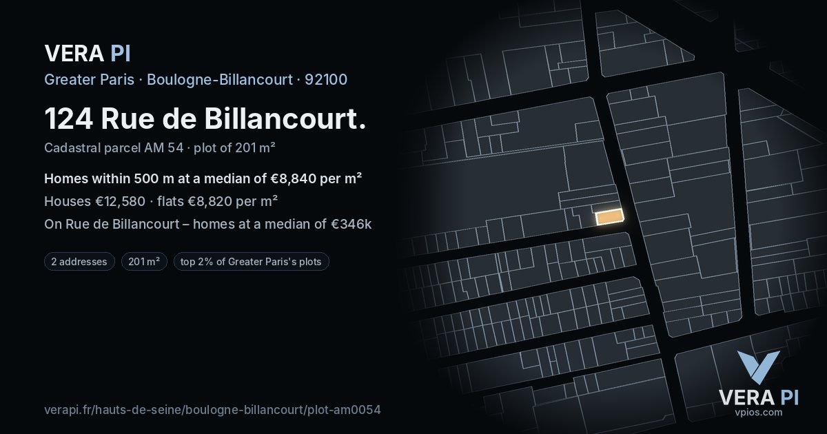124 Rue de Billancourt, Boulogne-Billancourt at night – the plot lit, the parcels around coloured by the prices near them