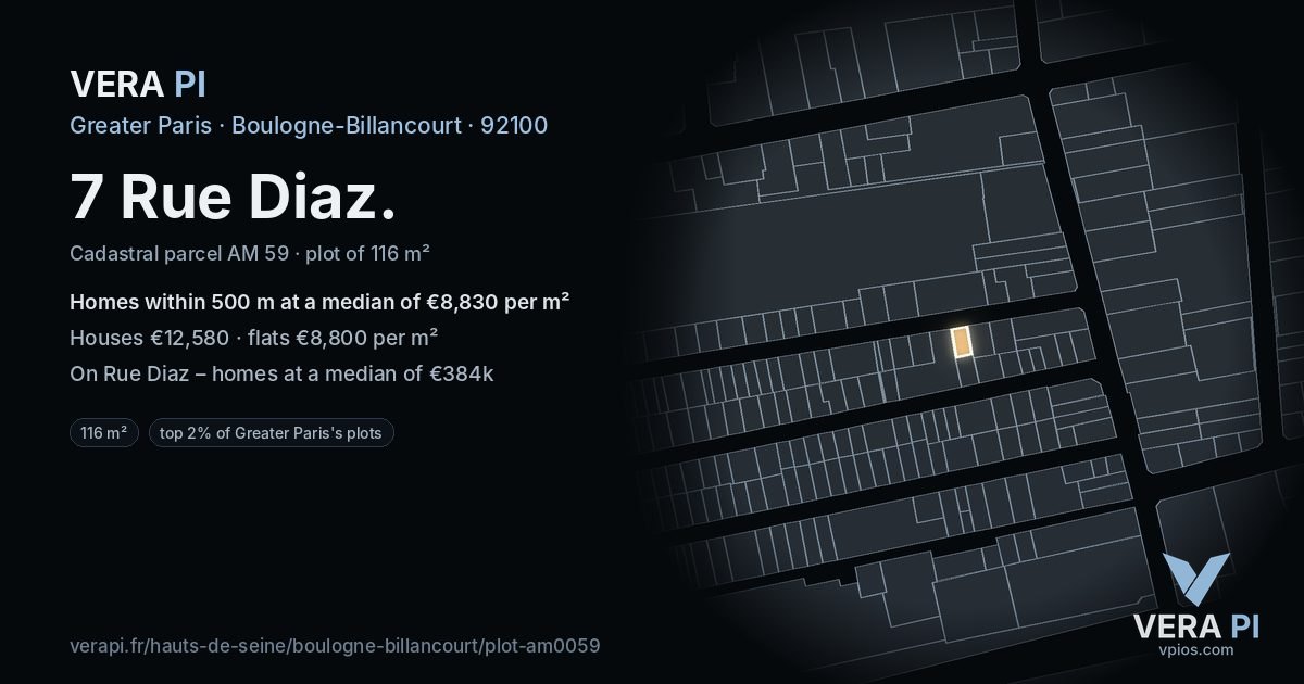 7 Rue Diaz, Boulogne-Billancourt at night – the plot lit, the parcels around coloured by the prices near them