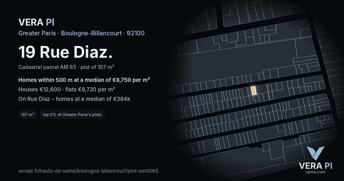 19 Rue Diaz, Boulogne-Billancourt at night – the plot lit, the parcels around coloured by the prices near them