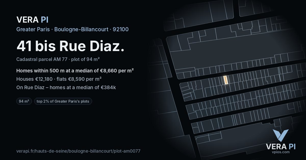 41 bis Rue Diaz, Boulogne-Billancourt at night – the plot lit, the parcels around coloured by the prices near them