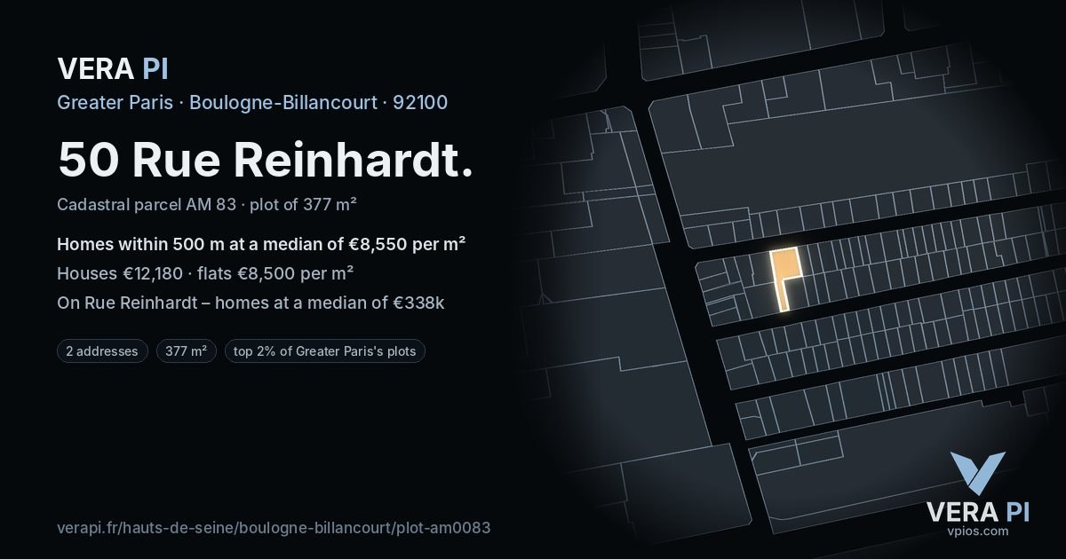 50 Rue Reinhardt, Boulogne-Billancourt at night – the plot lit, the parcels around coloured by the prices near them