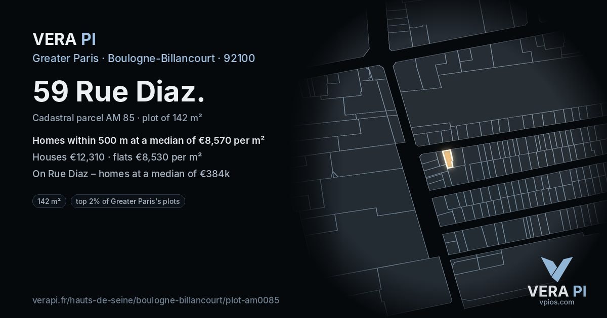59 Rue Diaz, Boulogne-Billancourt at night – the plot lit, the parcels around coloured by the prices near them