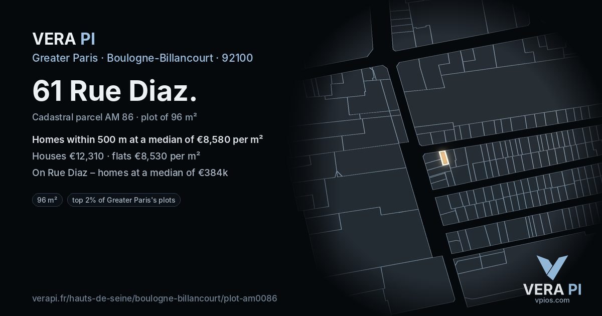 61 Rue Diaz, Boulogne-Billancourt at night – the plot lit, the parcels around coloured by the prices near them