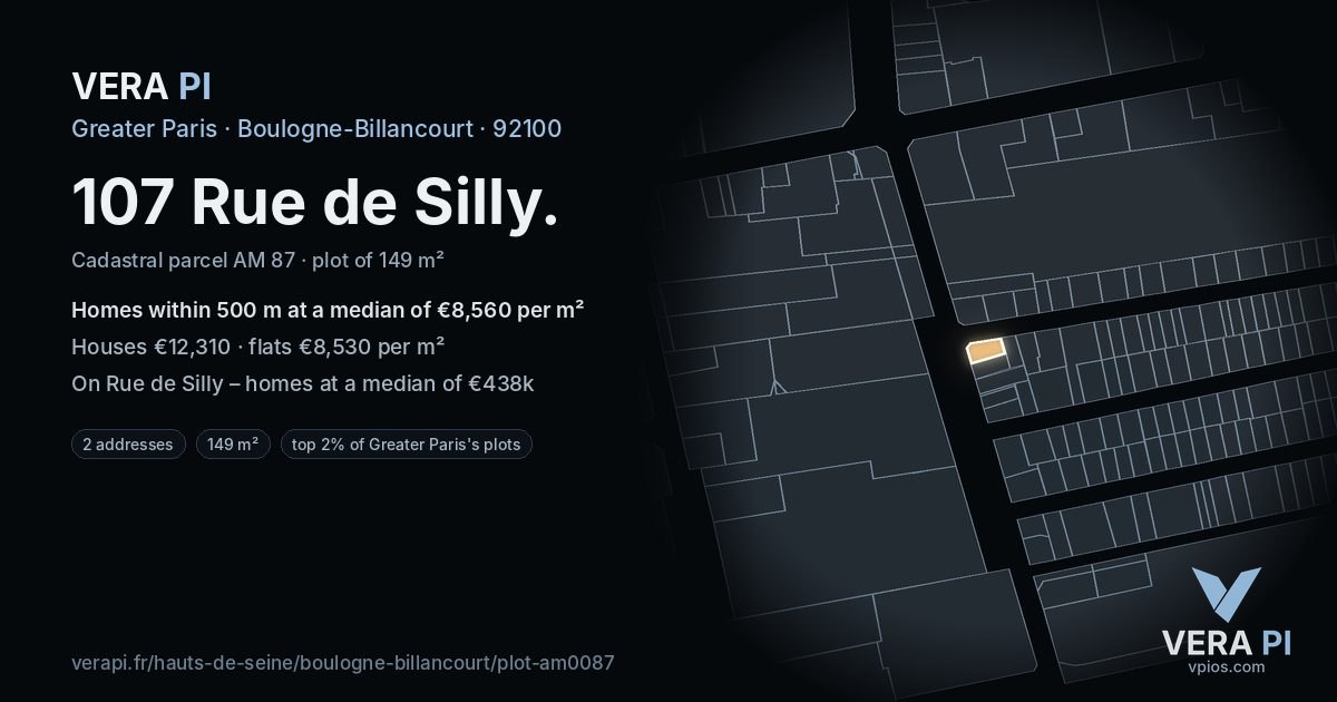 107 Rue de Silly, Boulogne-Billancourt at night – the plot lit, the parcels around coloured by the prices near them
