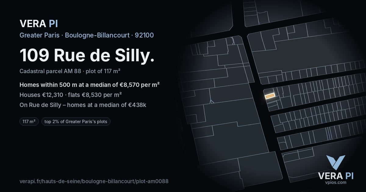 109 Rue de Silly, Boulogne-Billancourt at night – the plot lit, the parcels around coloured by the prices near them