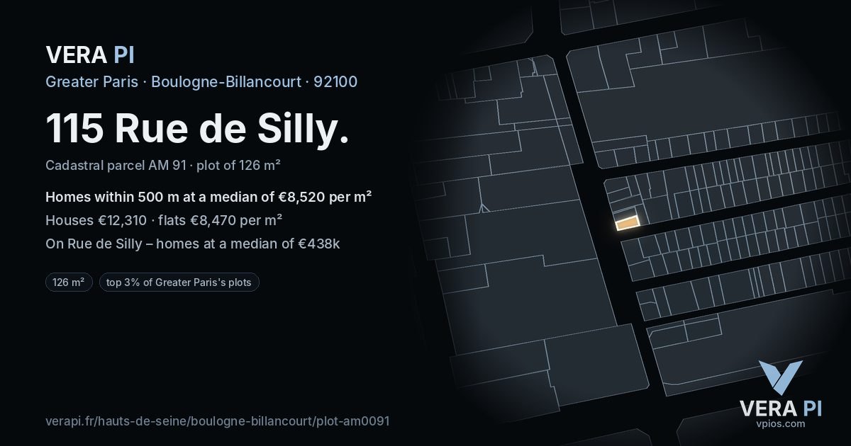 115 Rue de Silly, Boulogne-Billancourt at night – the plot lit, the parcels around coloured by the prices near them