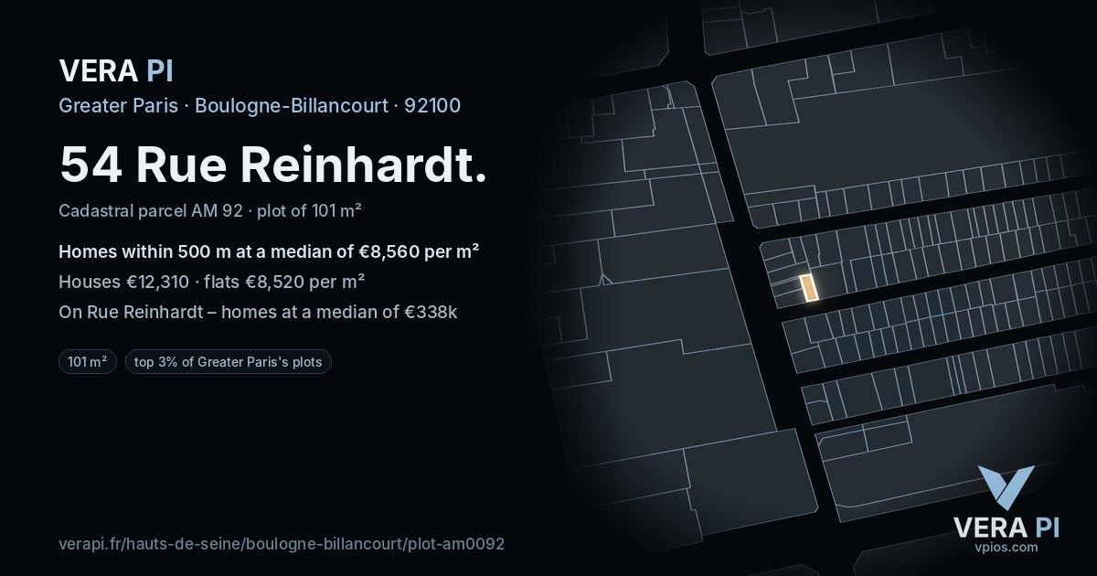 54 Rue Reinhardt, Boulogne-Billancourt at night – the plot lit, the parcels around coloured by the prices near them